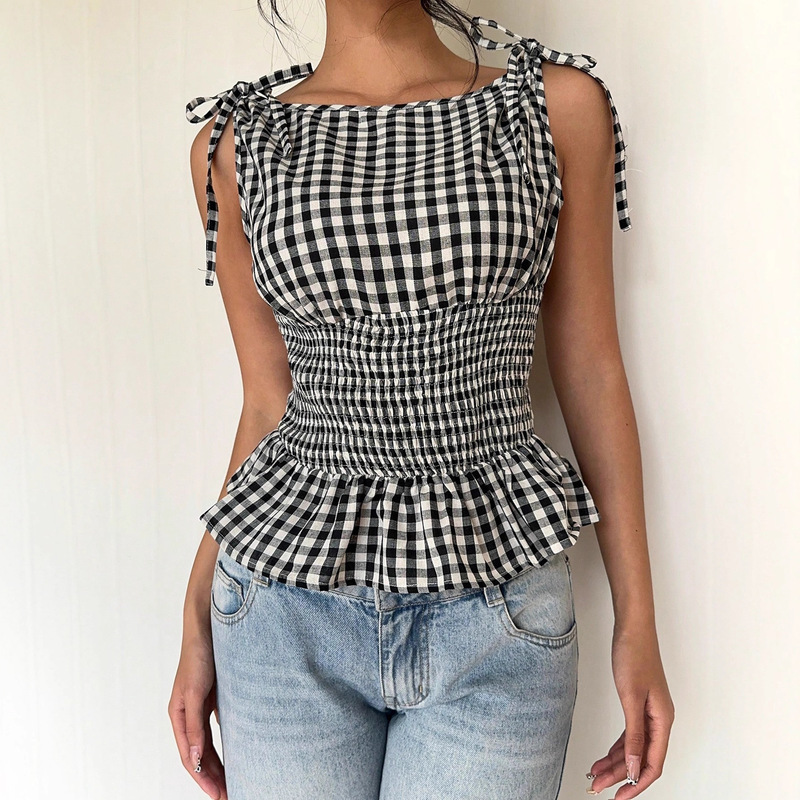 Women's Plaid Retro Romantic Date Afternoon Tea Bow Collar Slimming Ruffled Vest, Y2K Style,