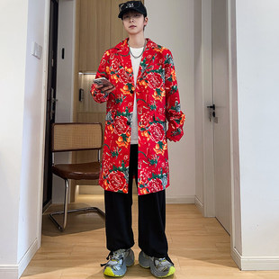 Y001 Men's Mid-Length Casual Windbreaker Jacket Northeastern Big Flower Handsome Outerwear Trendy Large Size M-5Xl