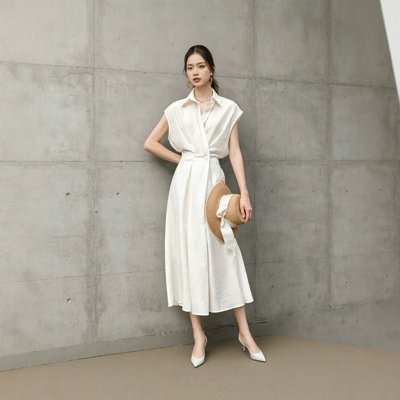 2026 French-Style Sleeveless Shirt Dress for Women, New Summer Model, Waist-Cinching, Slimming, Elegant, Workwear, Solid Color, Mid-Length Dress 2026 French-Style Sleeveless Shirt Dress for Women, New Summer Model, Waist-Cinching, Slimming, Elegant, Workwear, Solid Color, Mid-Length Dress