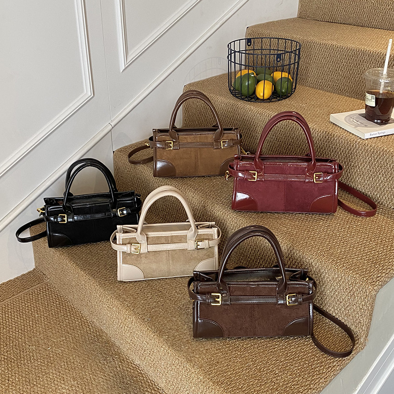 Transfronterizos otoño invierno retro esmeriado empalme bolso de mano mujer 2025 nueva moda color contraste bolso de hombro