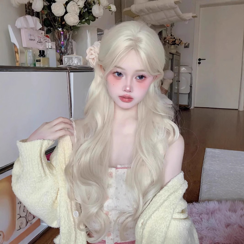 Summer new white gold eight-character bangs big wave full head wig women's online popular daily lace long curly hair