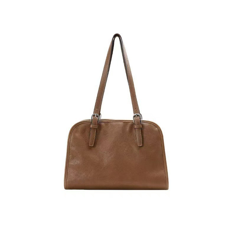 Vegetable-Tanned Cowhide Leather Bowling Bag Retro Large Capacity Commuter Laptop Bag Women's Shoulder Crossbody Bag - Thumbnail 7