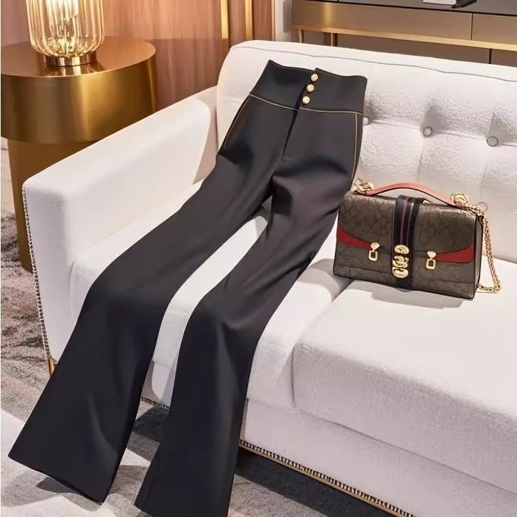 Black Women's Pants Trendy Relaxed High-Waisted Slimming Straight Leg Slightly Flared Design Perfect For Spring 2025_voghion.com