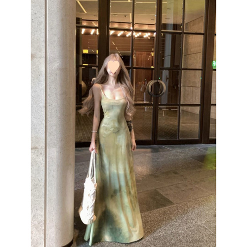 Vintage Tie-Dye Sexy Strappy Dress for Women Summer Beach Vacation Long Dress Elegant Waist Cinching Slimming Bustier Skirt
