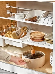 S83V批發水槽下收納筐廚房收納架鍋具分層整理伸縮杆櫥櫃內置物隔