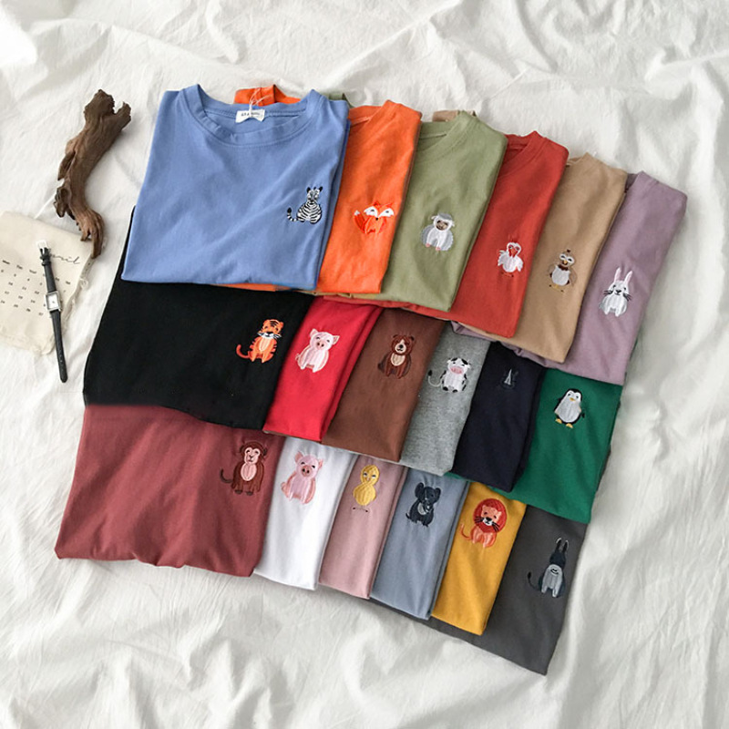 Xinyu New Animal Embroidery Round Neck Clothing for Women, Summer New Loose Student Short-Sleeve T-Shirt, Casual Top for Women, Trendy