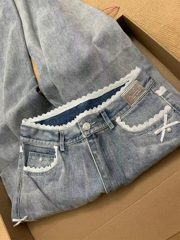 Bowknot Loose Lace Trim Light Blue Jeans for Women, Straight-Leg New Style 2025 American-Style Floor-Length Wide-Leg Pants