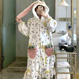 秋冬季长款睡袍睡衣女套装长毛绒加厚珊瑚绒睡裙宽松家居服跨境潮