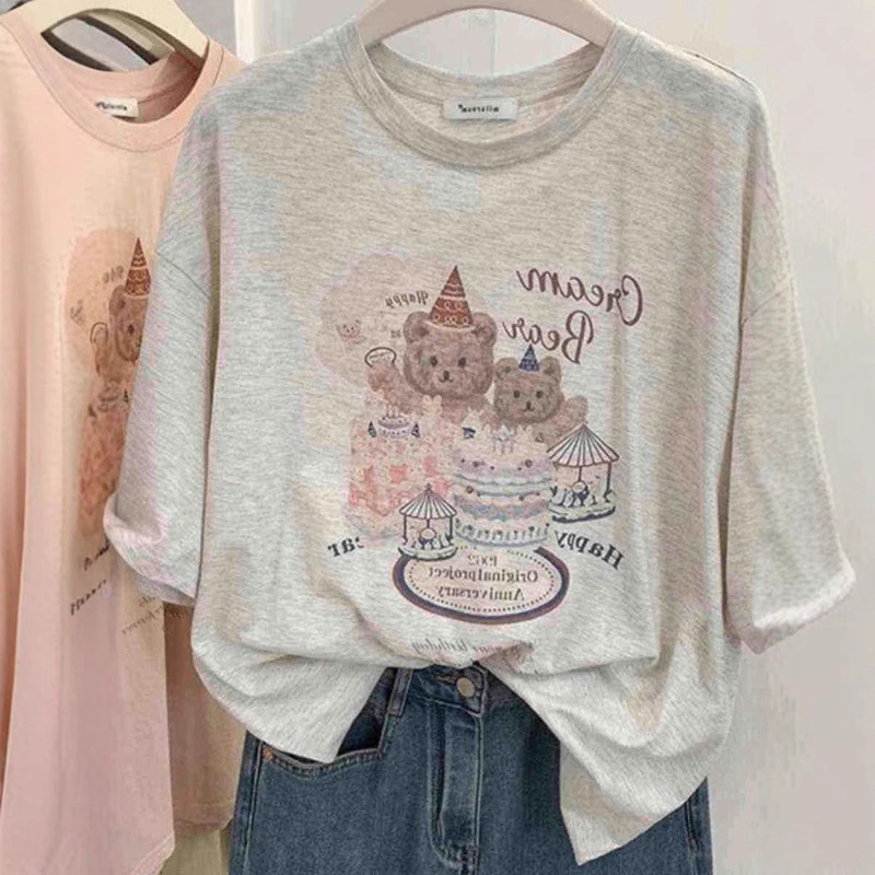 Oversize 300 Jin Cute Bear Printed Pure Cotton Short-sleeved T-shirt Female Summer Fat Sister Loose Meat Covering Clothes