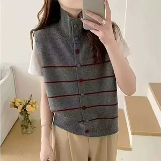 爆款法式复古感无袖针织马甲开衫女叠穿外搭毛衣坎肩春秋条纹上衣
