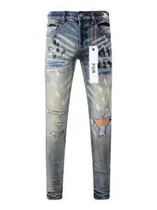 Cross-border trendy American street hip-hop fashion skinny personalized ripped splatter-paint patchwork slim-fit jeans