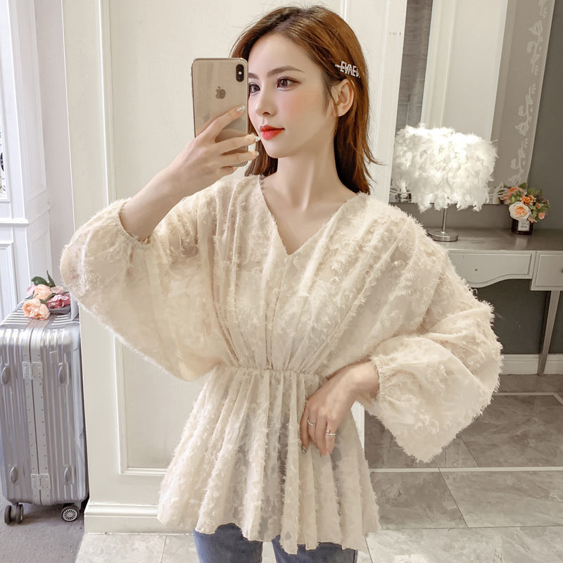 春秋冬季新款蕾丝衫女韩版v领大码宽松显瘦上衣雪纺衫打底衫T恤潮