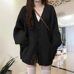 黒いvネックのセーターのカーディガンのコートの女性の秋冬の柔らかいモチとした怠惰な風のゆったりした感じの超美しいニット