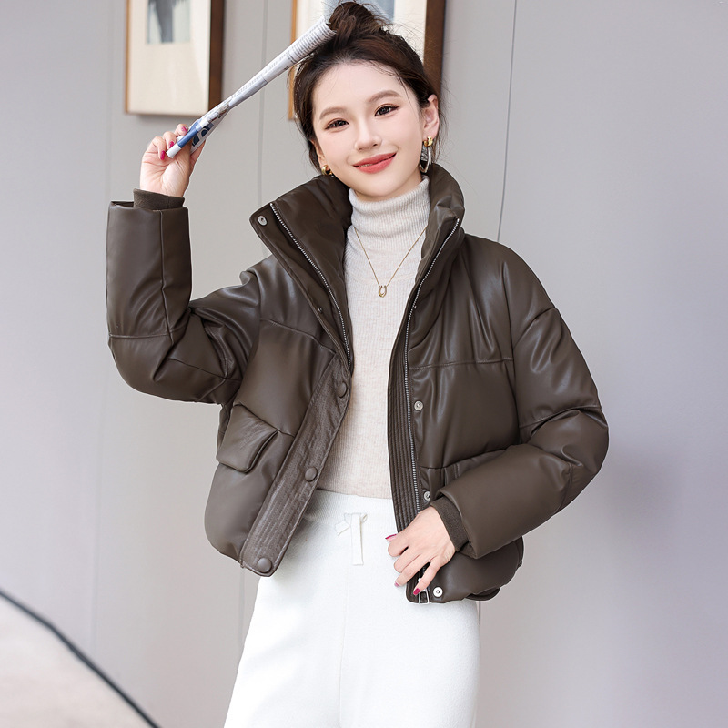 Wash-Free Leather Down Jacket Women's Short Winter 2024 New Style Vertical Collar Loose Thickened PU Leather Jacket Wash-Free Leather Down Jacket Women's Short Winter 2024 New Style Vertical Collar Loose Thickened PU Leather Jacket