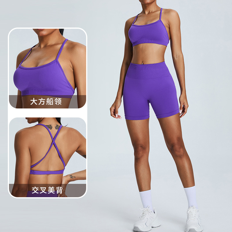 Nuevo traje de yoga sin costuras europeo y americano, pantalones cortos de yoga de cadera de melocotón para mujer, traje deportivo de carrera de espalda cruzada