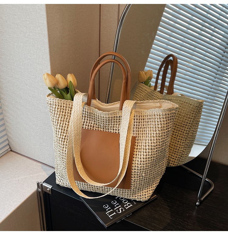 Large Woven Beach Tote Bag For Women Stylish Hollow Out Handbag_voghion.com