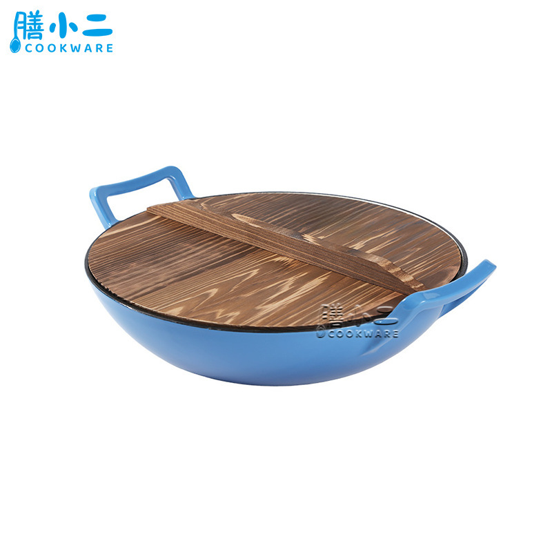 エナメル鍋36cm炒め鍋鋳鉄エナメル厚手両耳炒め鍋木蓋付きcast ronwok pan|undefined