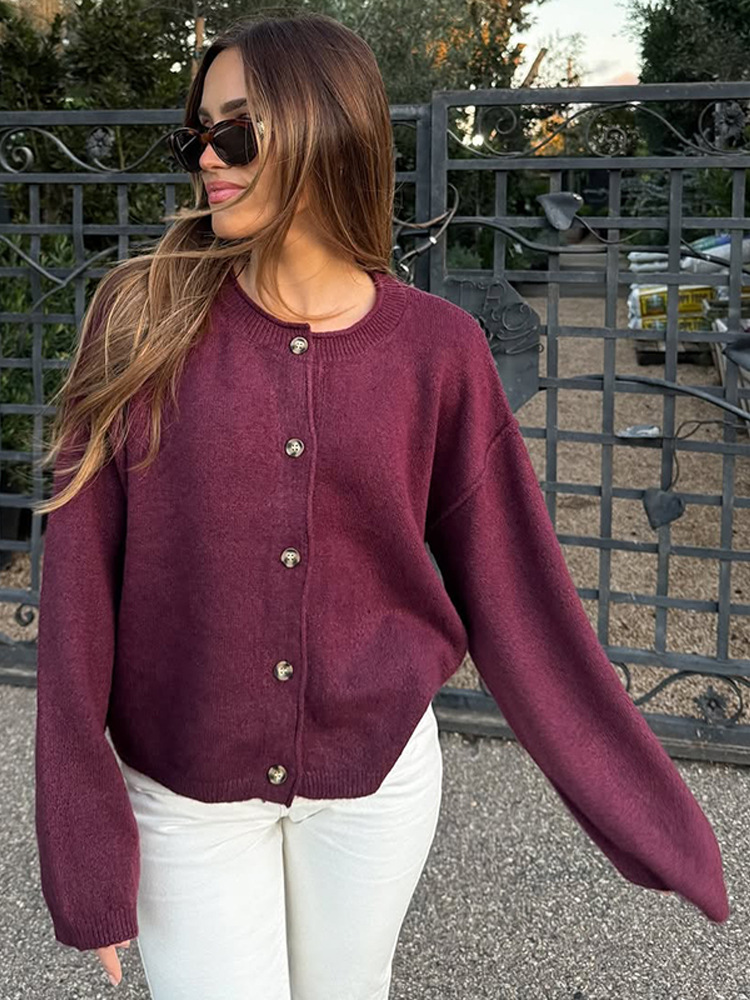 Cardigan de cuello redondo de color sólido de una sola fila de hebilla de moda de mujeres de otoño de manga larga suéter delgado de otoño y invierno 2025 estilo europeo y americano transfronterizo