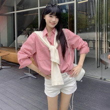 学院风条纹Polo领长袖衬衫女装秋季2025新款减龄休闲宽松显瘦衬衣