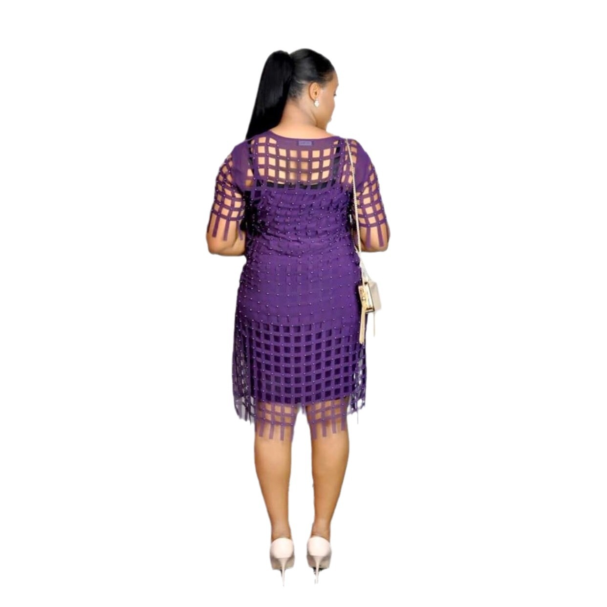 Special clearance supply African fashion women's chiffon loose checkered hollow long T-shirt skirt + stretch vest two pieces