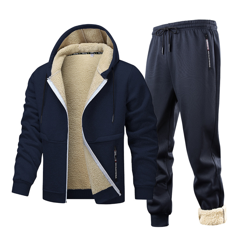 Herren-Fleece-Hoodie-Set | Winterjacke mit Sherpa-Futter und Reißverschluss und Jogginghose (Grau/Schwarz/Marineblau, XS-XXL)_voghion.com