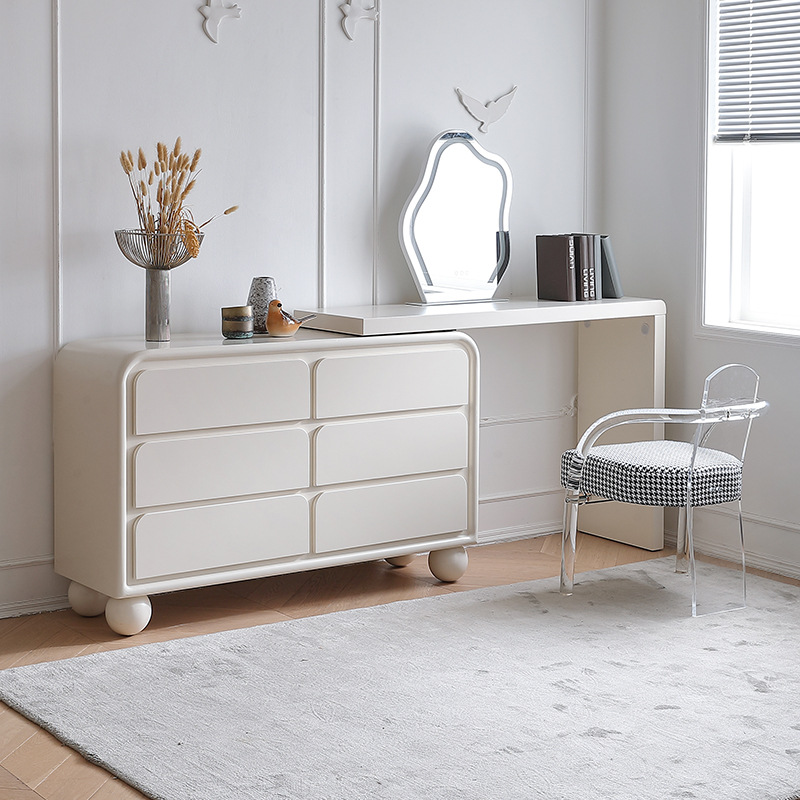 奶油風梳妝檯斗櫃一體法式收納櫃臥室實木墩墩可伸縮化妝桌床尾櫃