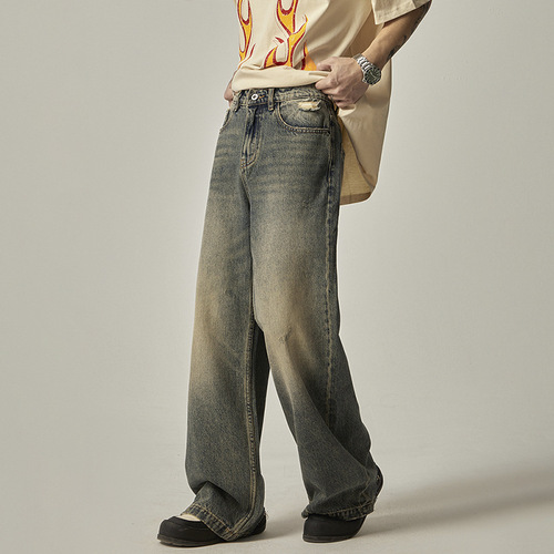 ISIETS Retro Ankle-Destroyed A-Style American Denim Pants for Men, Ins Trend Brand Straight Leg Loose Wide Leg Long Pants
