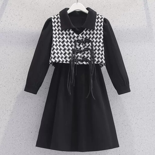 Girls Dress Autumn New Children's Korean Style Houndstooth Vest Shirt Skirt Children's Clothing Girls Spring and Autumn Two-piece Set