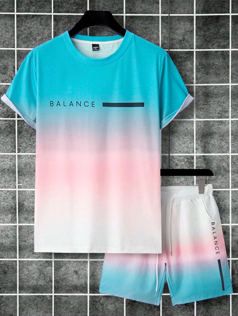 Lema de letras de color degradado estampado 3D traje de hombre camiseta traje deportivo de hombre cuello redondo pantalones cortos con cordón de manga corta