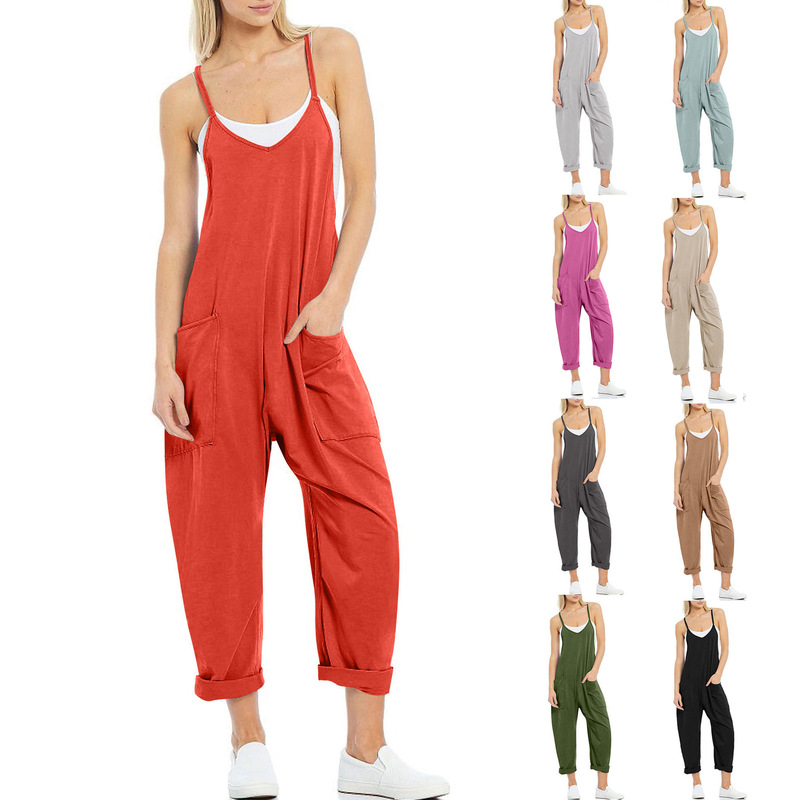 European and American Women's Fashion 2023 Summer New Amazon Casual Pocket Strap Knit Jumpsuit Overalls for Women