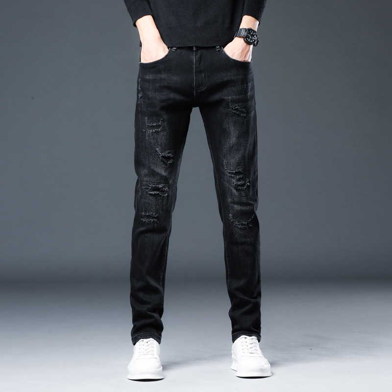 Xintang nuevo rasgado bordado jeans de estilo coreano de los hombres de moda estiramiento adelgazante Delgado casual pequeños pies pantalones largos hombres