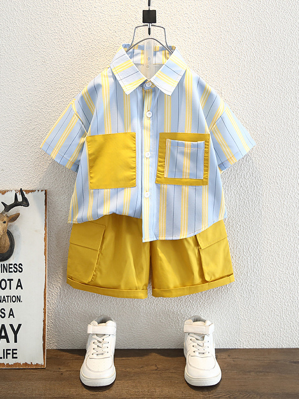 7829 traje de manga corta para niños 2024 verano nuevo estilo estilo occidental camisa a rayas para bebés traje de dos piezas de verano para niños
