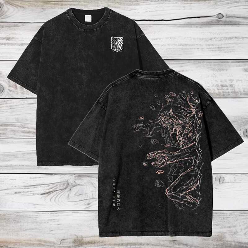 Attack on Titan Anime Extra Large Acid Wash T-Shirt Men Harajuku Manga Graphic Print Washed Cotton Top Tee No