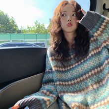 2025秋冬新款慵懒风宽松毛衣女设计感小众港风复古休闲菱格毛衣女