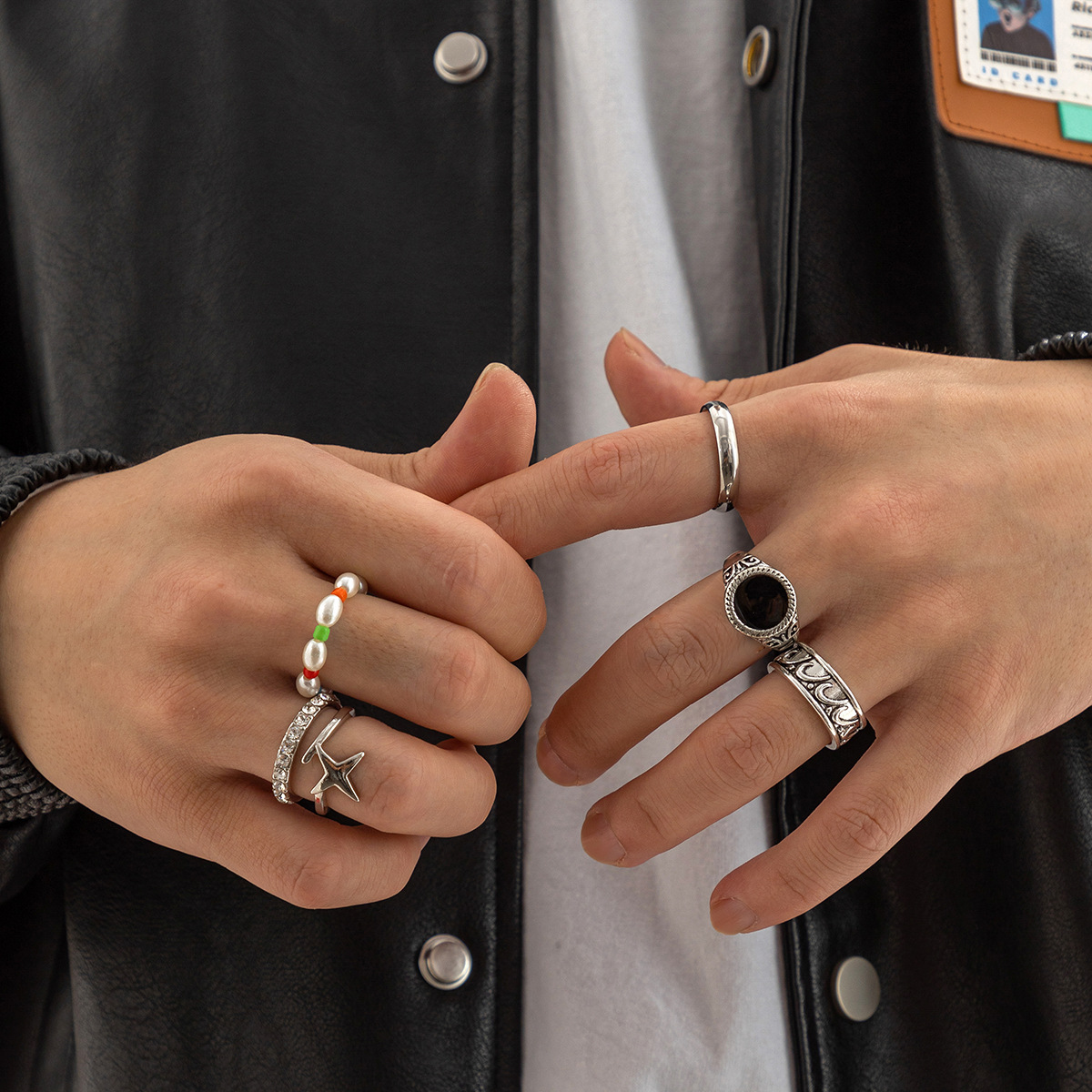 Fashion Round Alloy Inlay Rhinestones Menu0027S Rings 6 Pieces