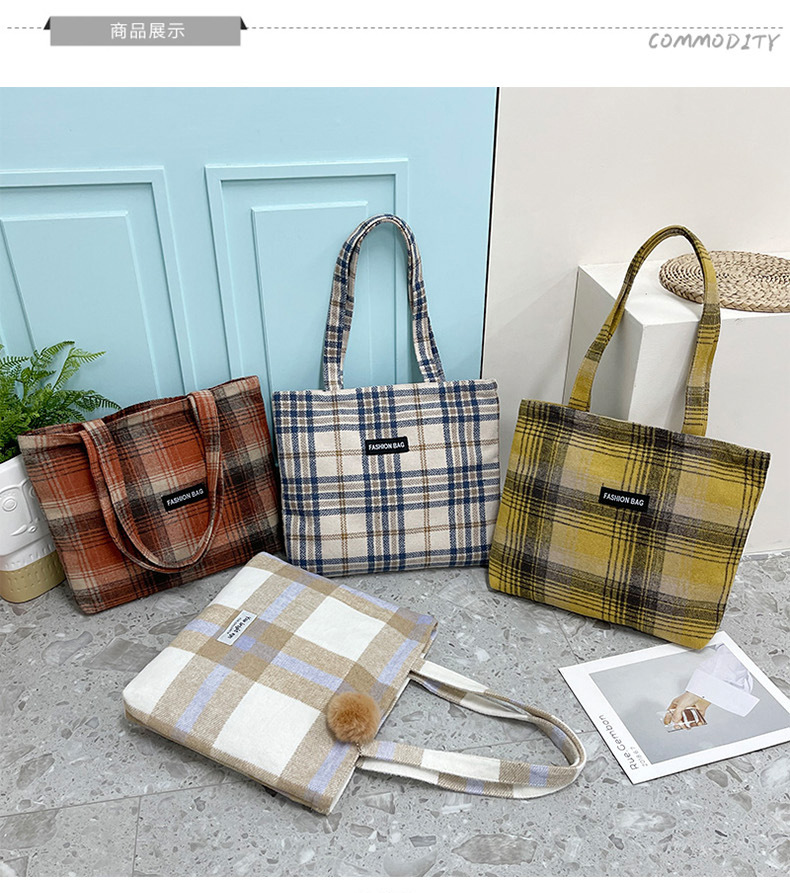 Girls' Japanese-style checkered shopping bags, zipper canvas bags, girls' Korean-style large-capacity student tote bags for class undefined