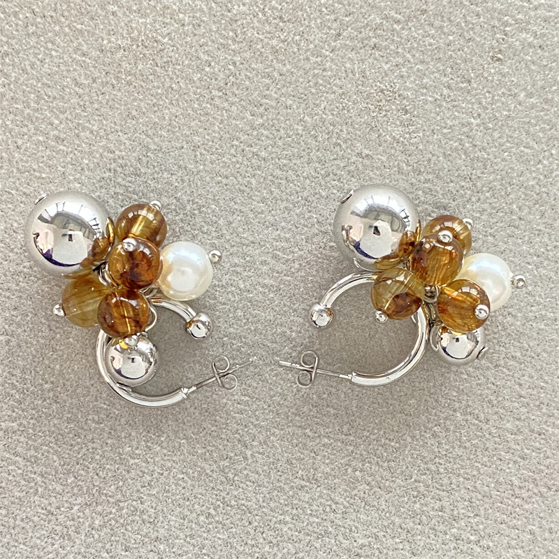 Flower Pattern Brass Plating Inlay Flower Artificial Pearls Drop Earrings
