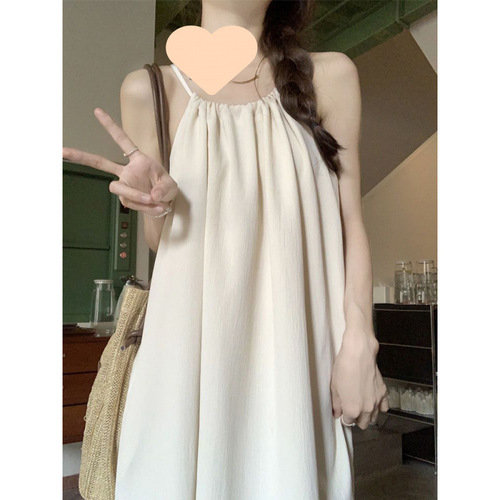 Long dress casual characters, solid color hanging sleeveless small neck, slimming dress, summer design, simple and loose temperament