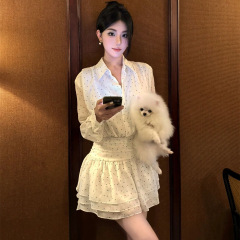春秋绝美穿搭雪纺白色收腰连衣裙子女2025早秋新款小个子套装短裙