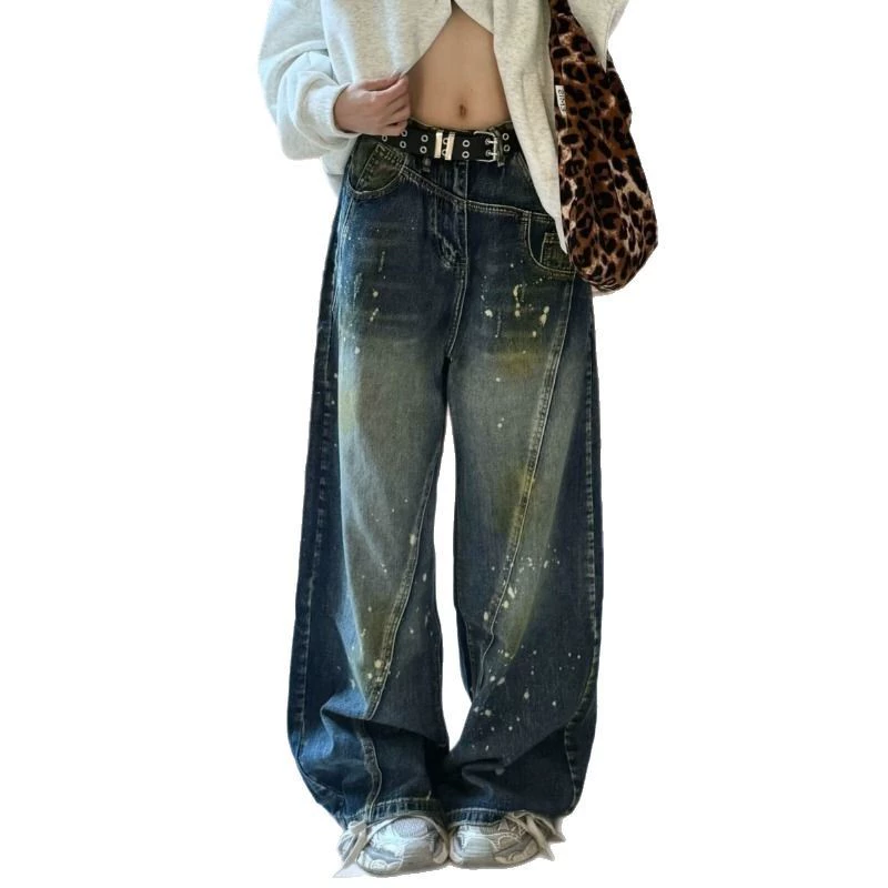 Loose straight jeans, autumn trousers, American style, for teenagers, mid rise