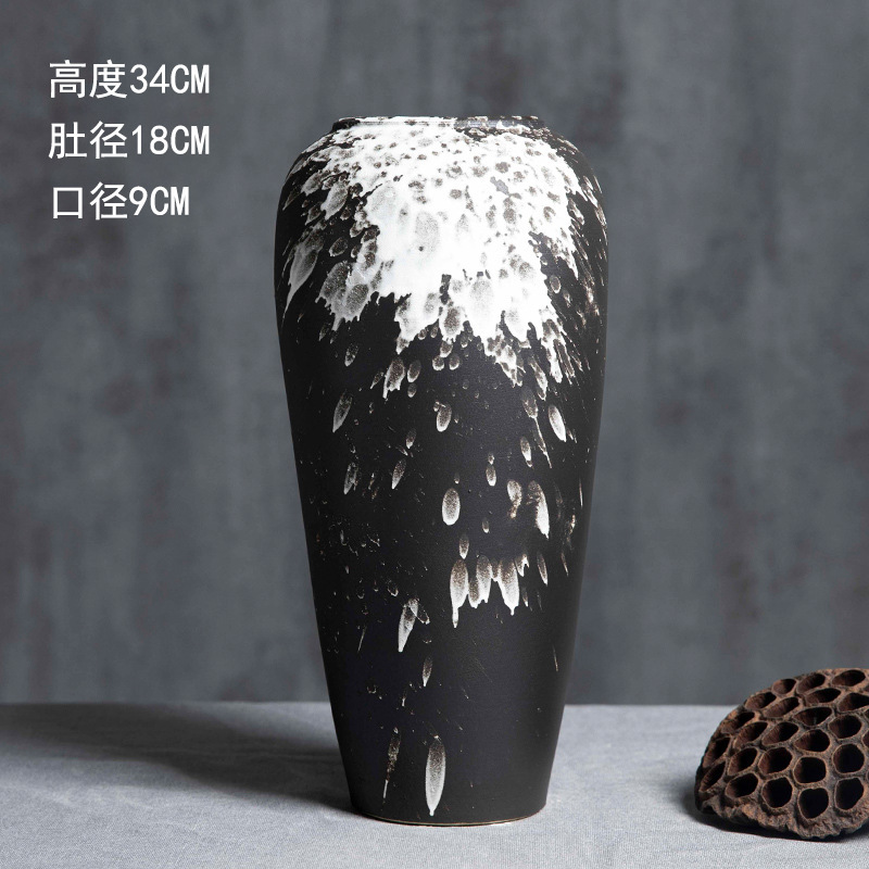 景徳鎮の陶磁器の花瓶の置物の客間の生け花の新しい中国式の玄関の装飾品の花器の復古の太い陶缶の植木鉢|undefined