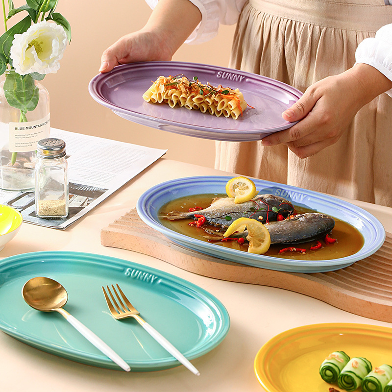 Creative colorful gradient ceramic fish plate household gift rainbow 12-inch oval steamed fish plate tableware wholesale