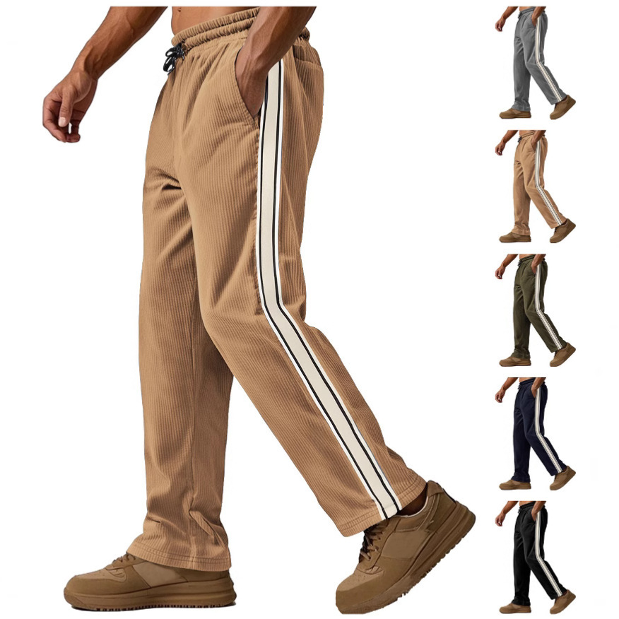 跨境男款新美式春夏简约拼条休闲宽松复线阿美咔叽灯芯绒运动长裤