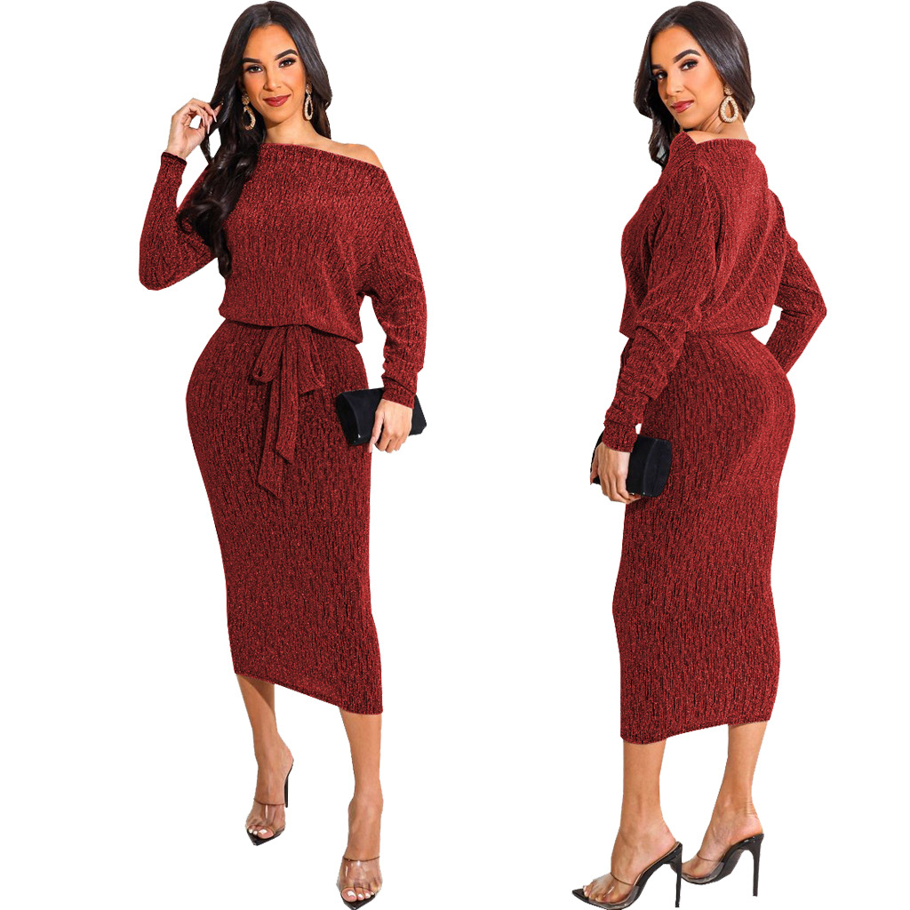 Waist Lace Up Wipe Shoulder Long Sleeve Dress NSMRF116723