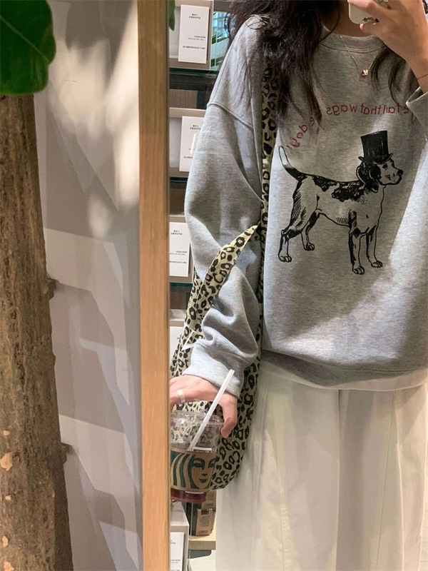 韩系宽松小狗印花卫衣女简约百搭圆领套头长袖打底卫衣上衣外套|undefined