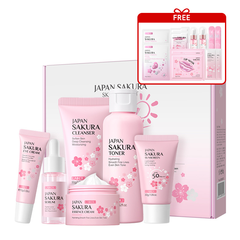 Conjunto combinado de leche de caracol y flor de cerezo LAIKOU transfronterizo, varios conjuntos, kit de productos para el cuidado de la piel de combinación libre.