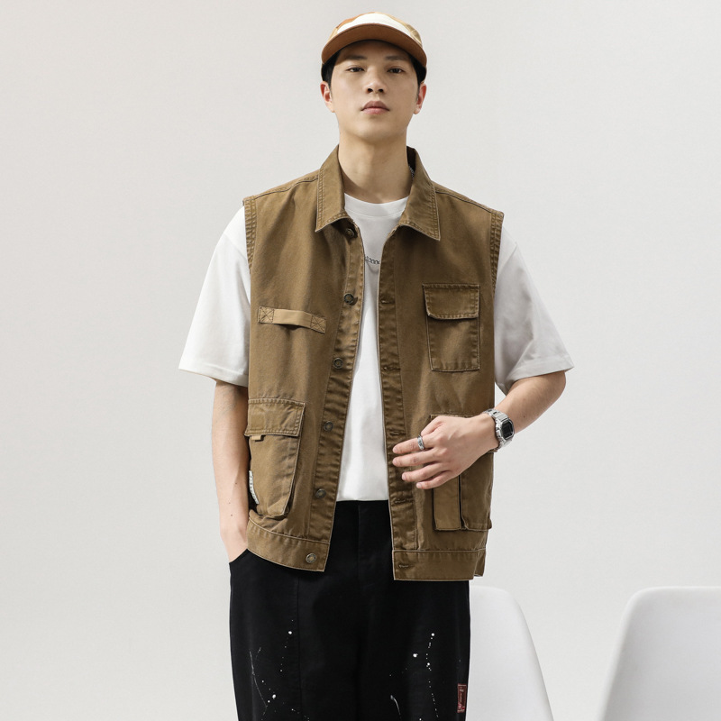 American Heavy Retro Work Jacket Men's Autumn Fishing Outdoor Tactical Function Multi-Pocket Work Vest Jacket American Heavy Retro Work Jacket Men's Autumn Fishing Outdoor Tactical Function Multi-Pocket Work Vest Jacket