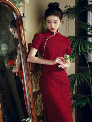 Improved cheongsam toast bridal chinese dress Chinese engagement lace dress wedding banquet temperament  photos shooting skirts