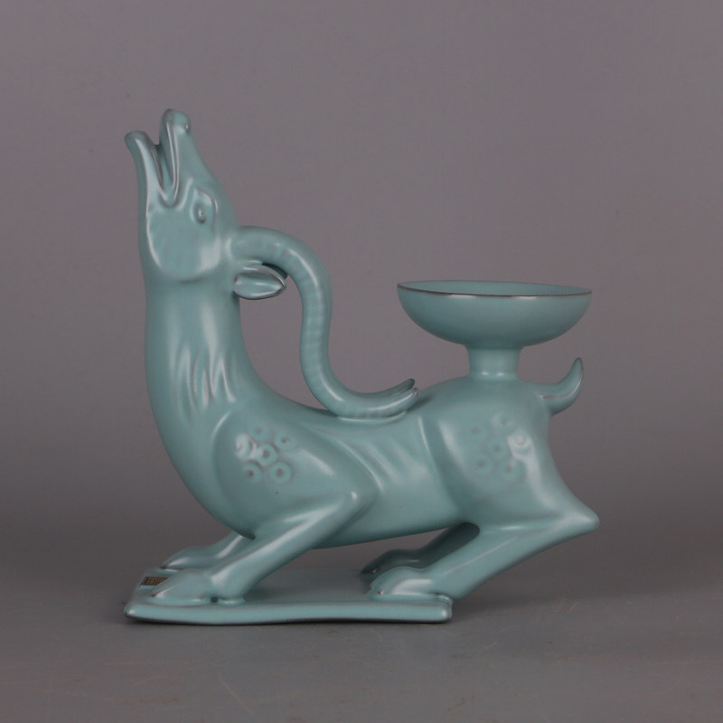 Song Dynasty Ru Kiln Sky Blue Glaze Deer Pattern Divine Beast Oil Lamp Antique Imitation Palace-Style Porcelain Collectible Ornament