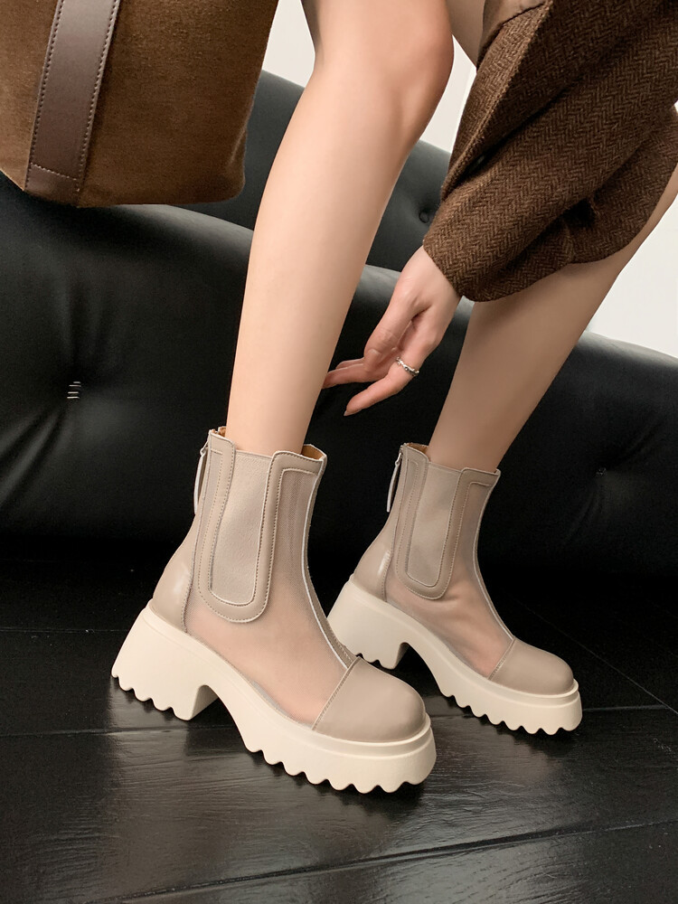 Boot ngắn nữ da bò mũi tròn đế dày thoáng khí khóa kéo sau — Màu đen, Màu mơ chi tiết 20